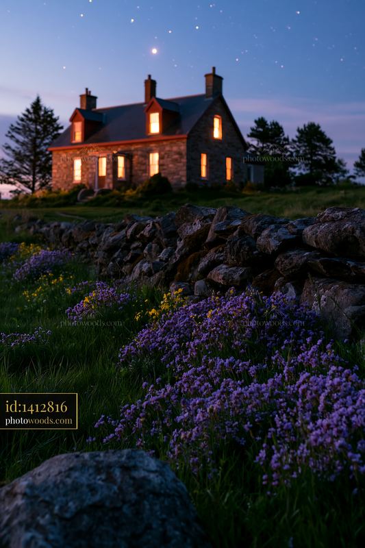 Country house under starry sky with flowers in foreground