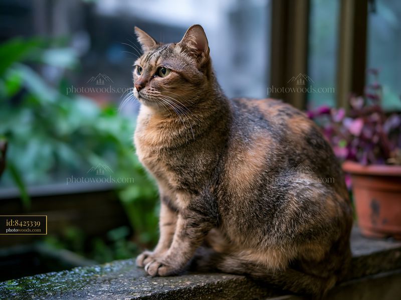 Suphalak cat portrait sitting near a window with greenery outside