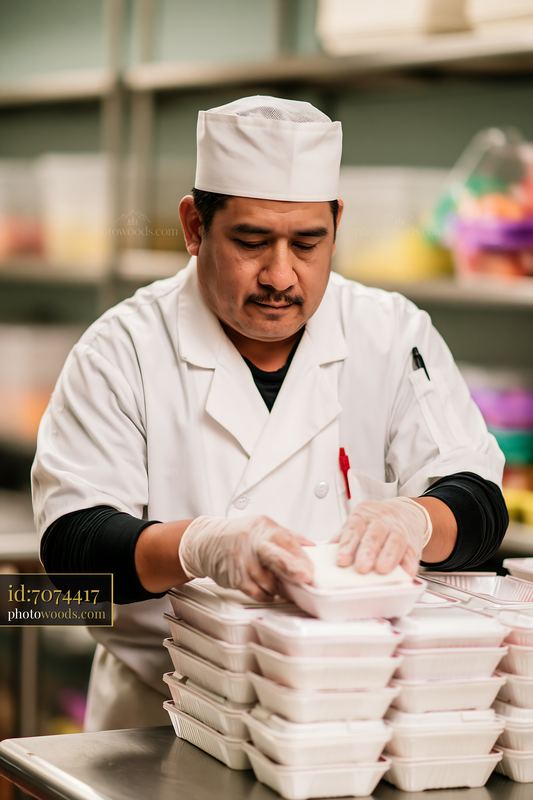 Sushi chef arranging sushi containers in a kitchen setting