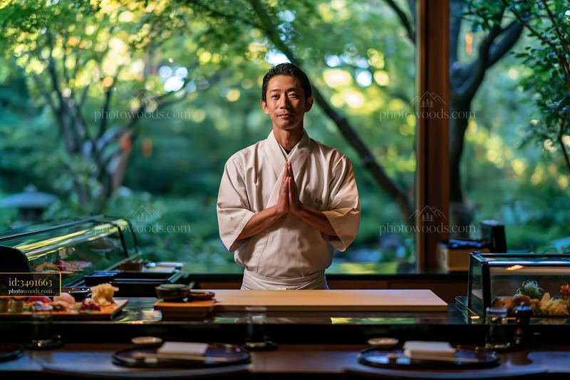 Sushi chef greets diners in a modern restaurant setting