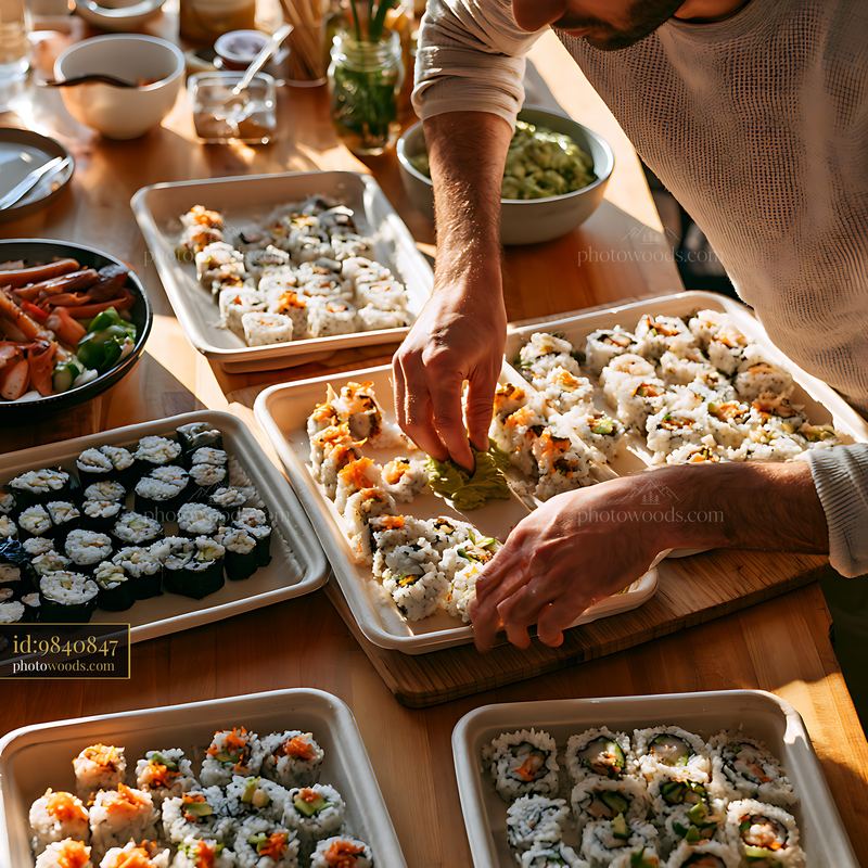 Sushi chef arranging sushi platter for catering