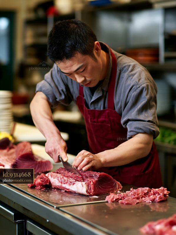 Sushi chef filleting tuna on stainless steel counter