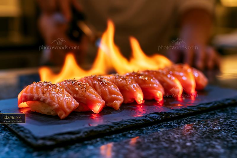 Sushi chef using torch to sear nigiri on a stone plate