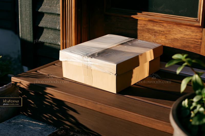Sushi delivery box close-up with natural setting on wooden porch