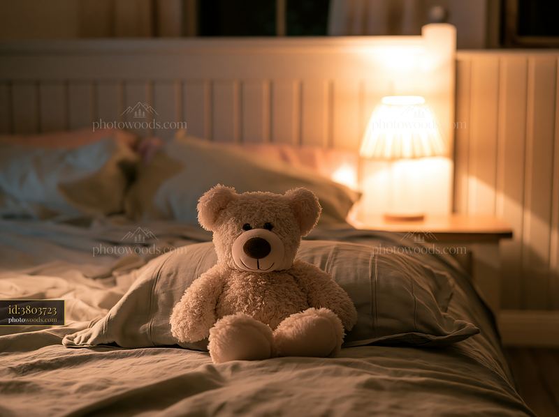 Rustic bedroom with linen bedding and a teddy bear on the bed