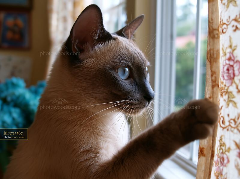Tonkinese cat gazing out the window with curiosity
