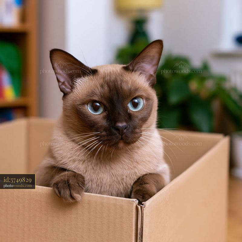 Cute Tonkinese cat resting in a cardboard box at home