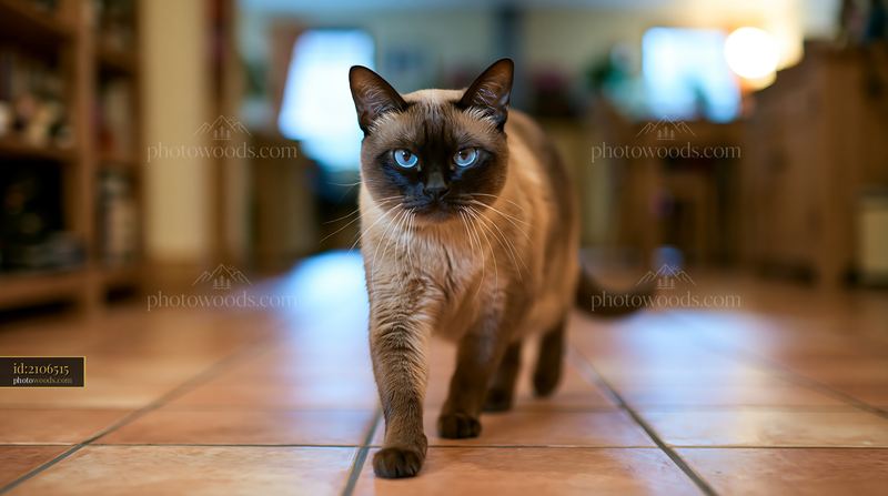 Tonkinese cat walking in a hallway with blue eyes