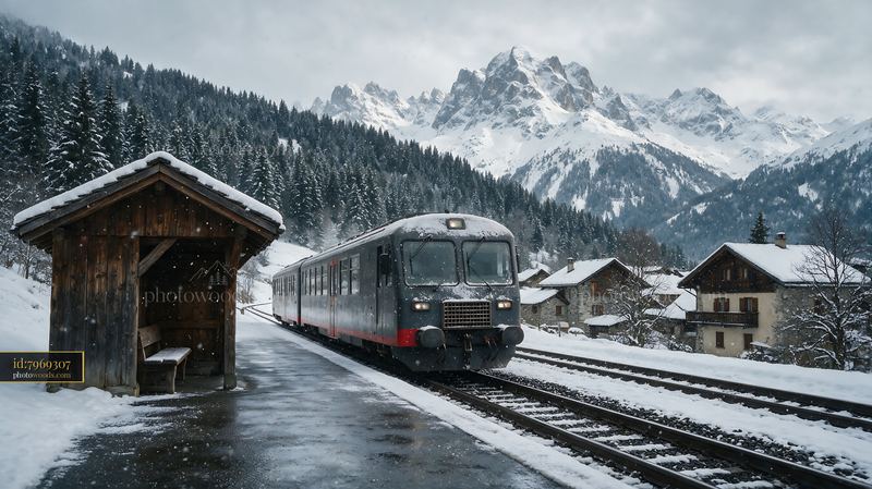 Swiss railway through snowy Alps with mountains in background