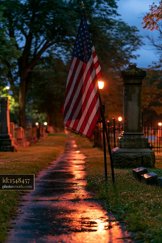 Cemetery monument and US flag after dark with glowing path