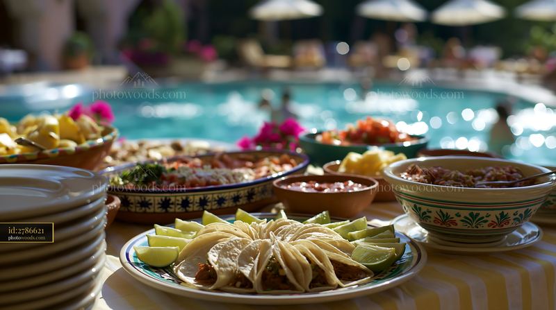 Delicious spread of food near a pool during a sunny day