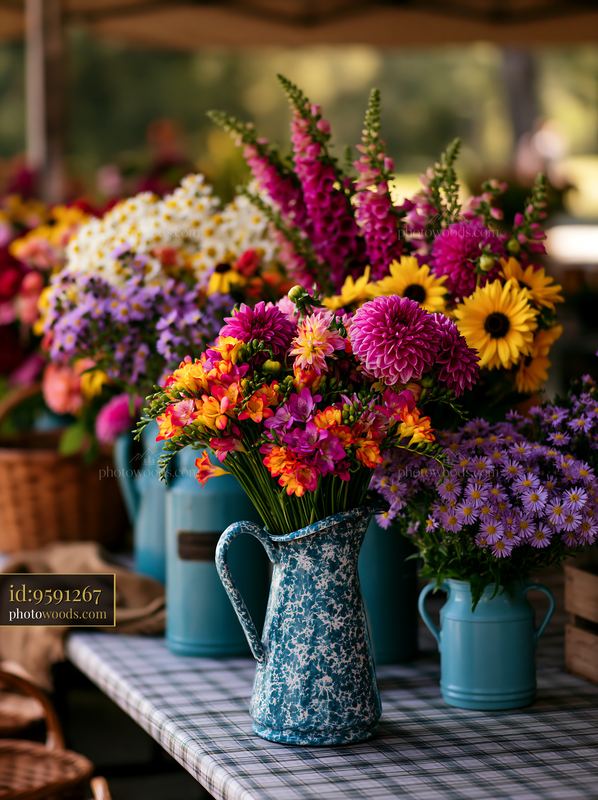 Colorful flowers in vases displayed on a market table