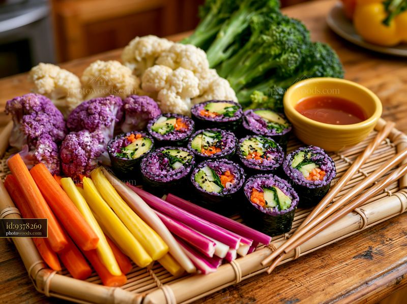 Colorful vegan sushi platter with fresh vegetables and sauce