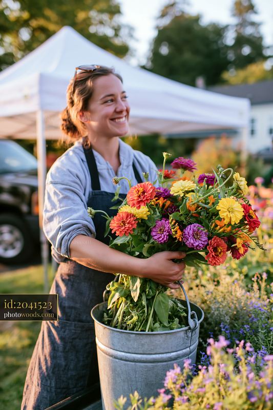 Flower vendor holds a bucket of mixed seasonal flowers at market
