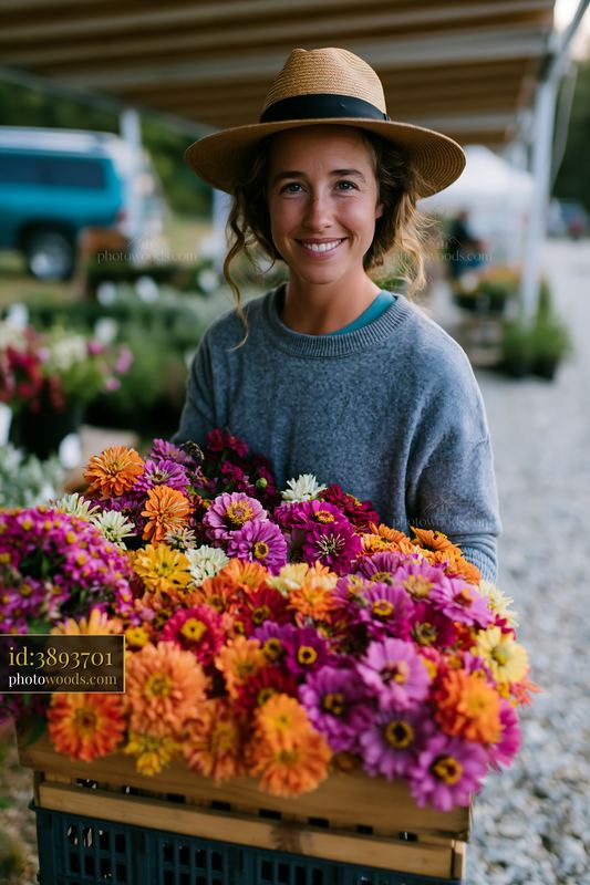 Smiling vendor with mixed seasonal flowers at farmers market