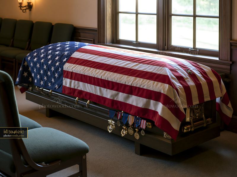 Veteran funeral casket with American flag and medals displayed