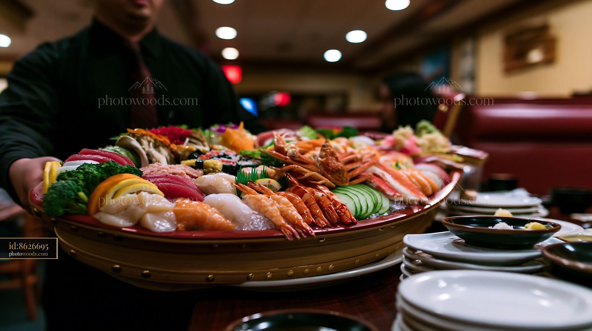 A waiter carries a sushi boat with assorted seafood, featuring various types of sushi and sashimi.