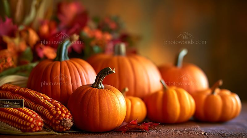 Pumpkins and Indian corn arranged for an autumn harvest display