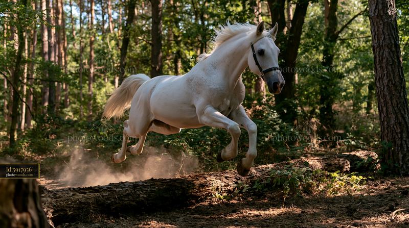 Horse jumping over log in a forest setting