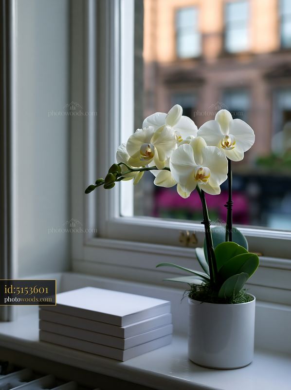 Orchid flower on windowsill in a bright indoor setting