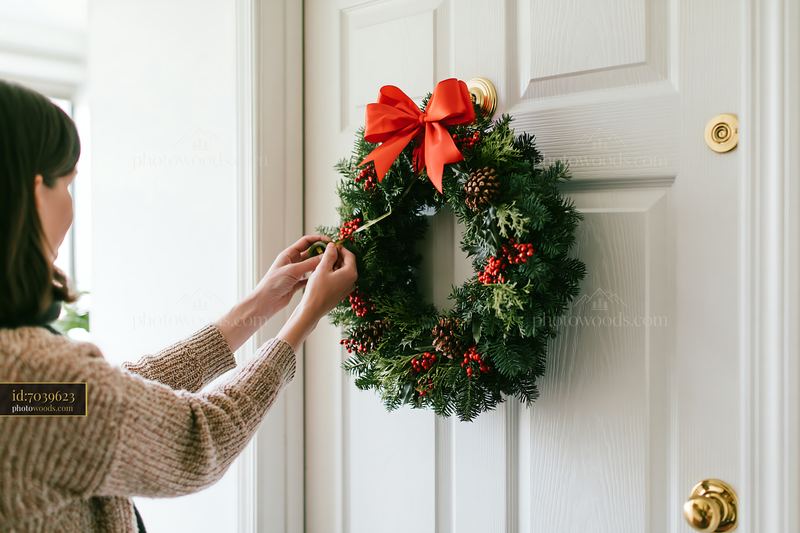 Woman hanging Christmas wreath on apartment door