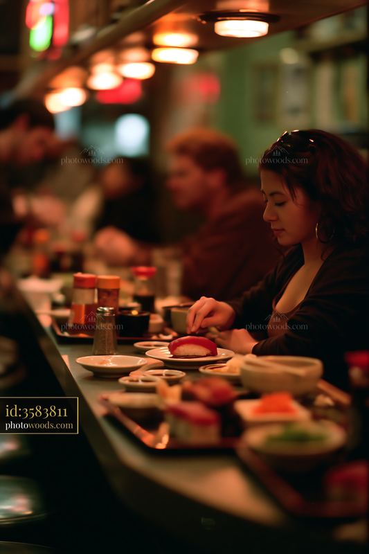 Savoring sushi dinner under warm lighting in a bustling restaurant