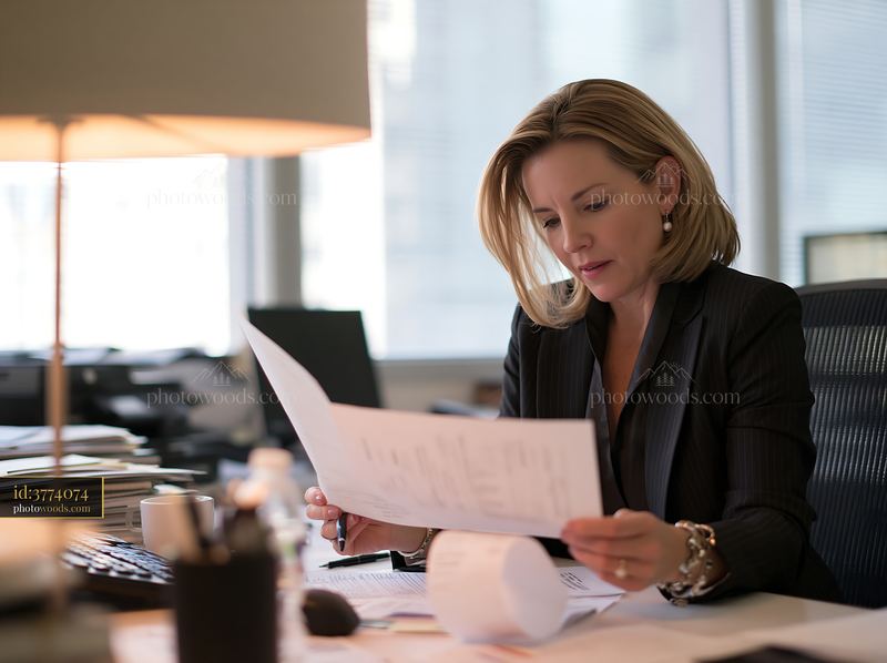 Executive woman reviewing paperwork in quiet office setting