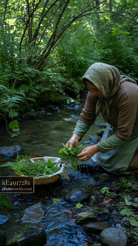 Woman in heritage attire collecting herbs in a forest