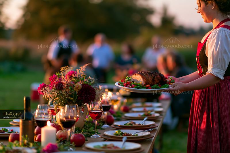 Outdoor pork roast served at seasonal celebration with guests