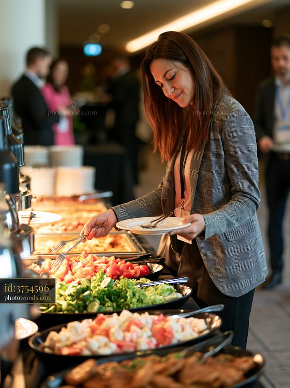 Busy attendees enjoy a buffet at a business conference event