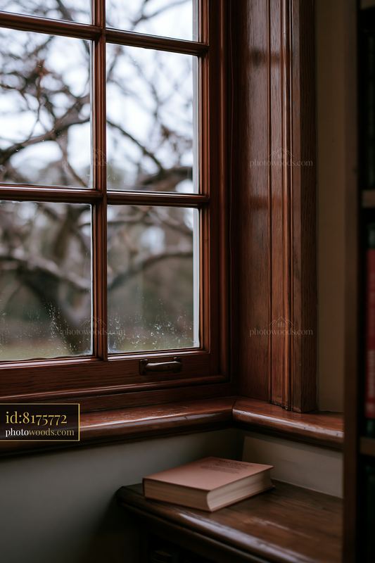 Wet wooden casement window on a cloudy day with a book nearby