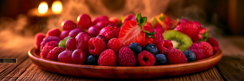 Colorful fruit platter with strawberries, raspberries, and blueberries
