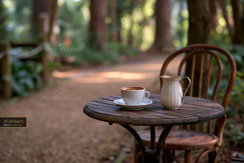 Outdoor cafe table with latte and milk jug in a garden setting