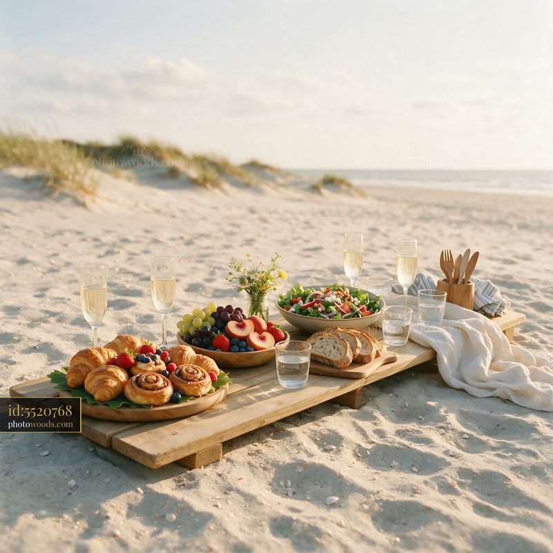 Beach picnic buffet on wooden table with food and drinks