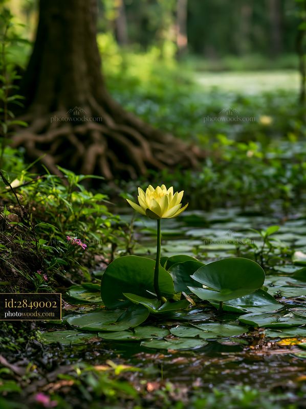 Yellow water lily in small pond with green leaves