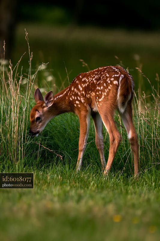 Fawn grazing near tree line bordering meadow