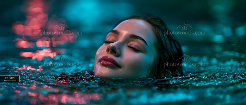 Woman floating in water with closed eyes and serene expression