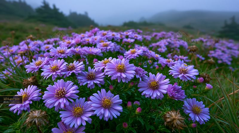Alpine Aster Flowers in a Mountain Meadow During Foggy Weather