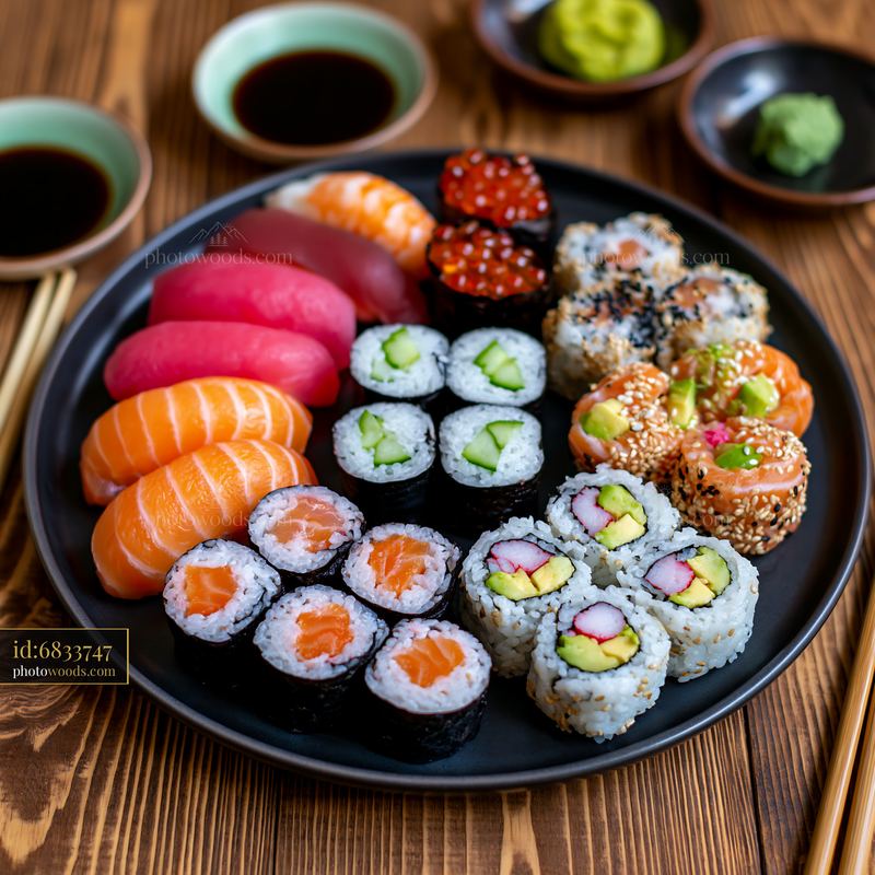 Assorted sushi platter on wooden table