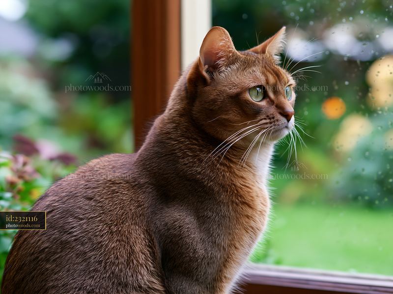 Focused Australian Mist cat gazes out a window