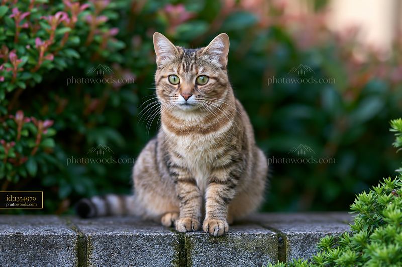 Australian Mist cat sitting on stone wall in garden setting