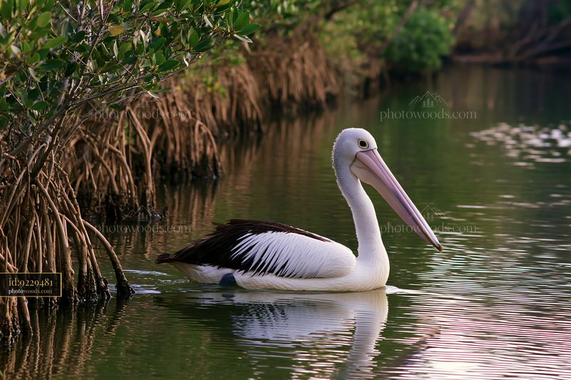 Australian pelican swimming in coastal lagoon near mangroves