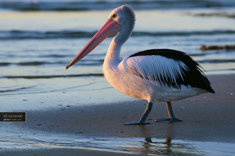 Australian pelican by the water at coastal lagoon during sunset