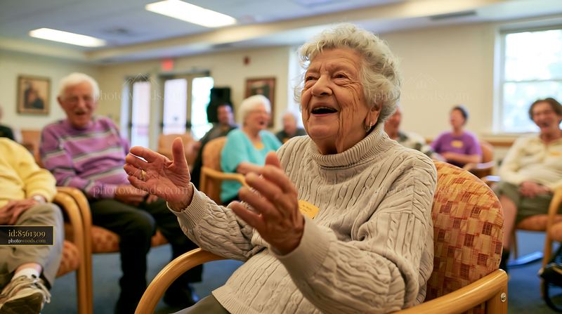 Elderly woman participates in singing at Parkinson's therapy group