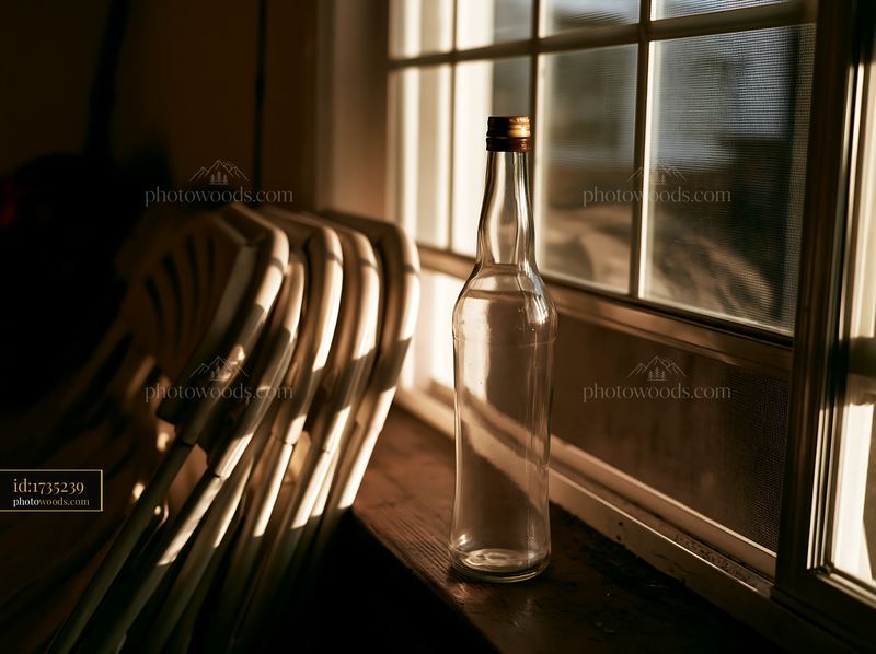 Empty bottle near window on a bright evening