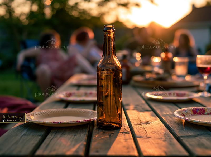 Empty bottle on a table during backyard gathering at sunset