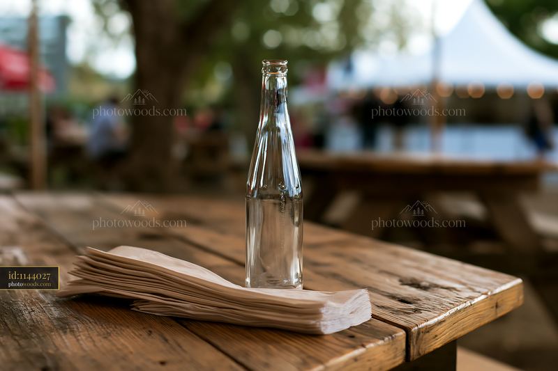 Empty bottle on a wooden table at an outdoor event setting