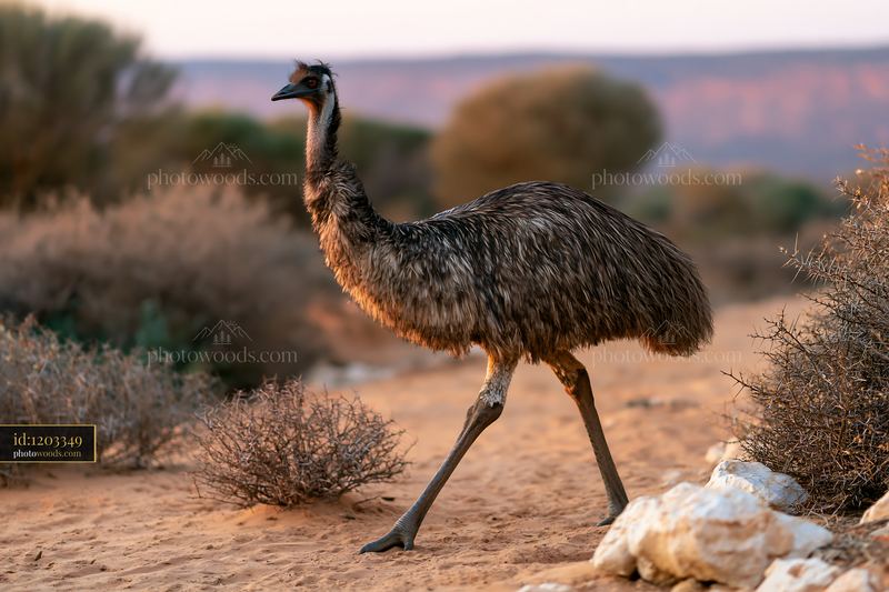 Emu walking across outback plain during sunset