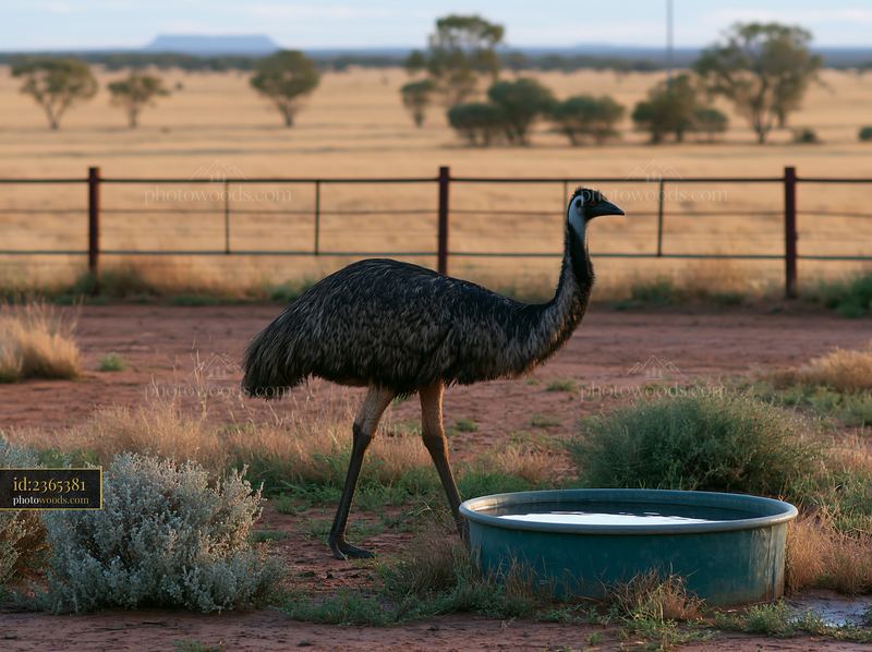 Emu walking across outback plain near water source