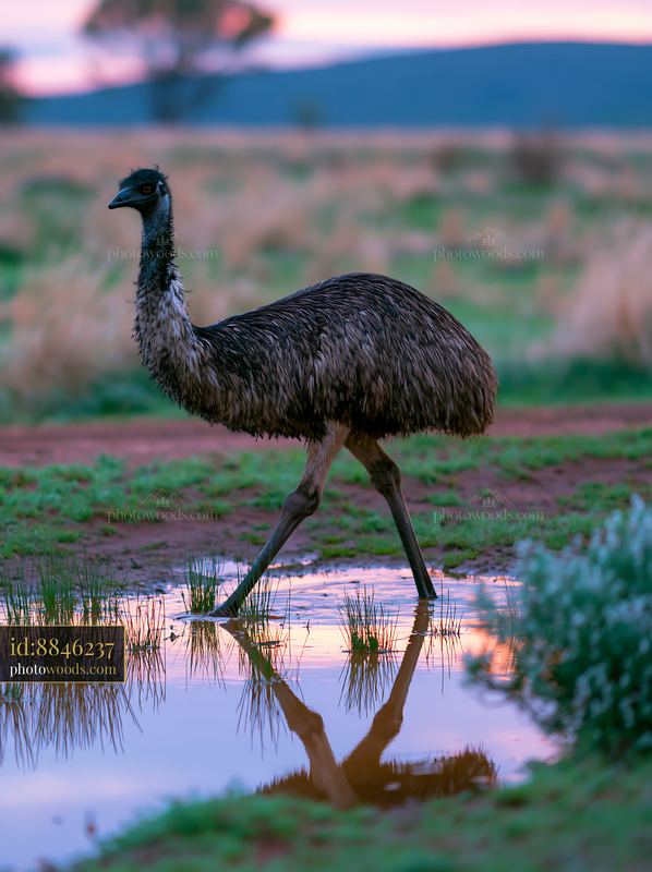 Emu walking across outback plain at sunset near water